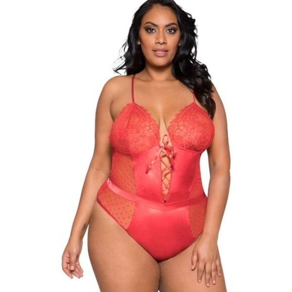 NWOT Roma Red Lace & Satin‎ Tie Up Lace Up Sexy Teddy Plus Size 1X plus size - Picture 1 of 7